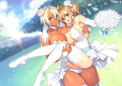  2019 23_(real_xxiii) 2girls ahoge bell blonde_hair blue_eyes blue_sky bouquet breasts bridal_gauntlets bride church cleavage cloud cloudy_sky commentary_request couple covered_erect_nipples dark-skinned_female dark_skin dated day dress dutch_angle elbow_gloves female_focus field flower gloves hair_flower hair_ornament high_heels highres huge_breasts jewelry large_breasts multiple_girls muscular muscular_female open_mouth original outdoors panties revealing_clothes ring sela_(23) shoes short_hair sideboob sky smile tan thighhighs toned tree underwear ursula_(23) wedding_band wedding_dress white_footwear white_gloves white_legwear white_panties wife_and_wife yuri  rating:Sensitive score:161 user:danbooru