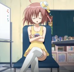  1girl breasts brown_hair chair closed_eyes hat highres one-piece_swimsuit open_mouth sakurano_kurimu screencap seitokai_no_ichizon short_hair sitting small_breasts solo stitched swimsuit tagme thighhighs third-party_edit white_thighhighs 