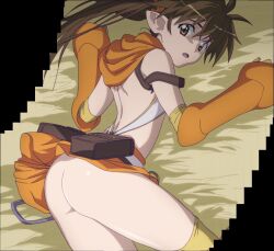  1girl ass brown_hair elf female_focus highres loli looking_at_viewer no_panties nowa_(queen&#039;s_blade) orange_skirt pointy_ears queen&#039;s_blade screencap skirt stitched third-party_edit  rating:Questionable score:56 user:BadMisterFrosty