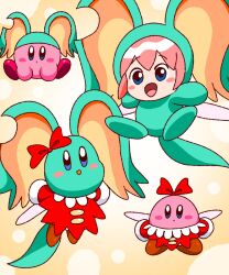  1girl animal_ears blue_eyes blush_stickers colored_skin cosplay elfilin fairy fairy_wings highres kirby kirby_(series) mouse_ears nintendo notched_ear open_mouth pink_hair pink_skin red_ribbon ribbon ribbon_(kirby) solid_oval_eyes tail wings yutakunatu 