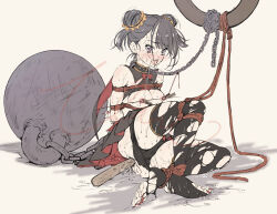  1girl arms_behind_back artist_request bdsm black_hair bondage bound bound_ankles bound_arms bound_legs chain collae double_bun drooling hair_bun leash nipple_clamps original pussy_juice saliva skirt sweat thighhighs toenails torn_clothes torn_thighhighs 