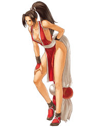  1girl armpits bare_shoulders black_eyes black_hair breasts brown_hair cleavage dress fatal_fury full_body highres japanese_clothes leaning_forward legs loincloth long_hair medium_breasts neo_geo_battle_coliseum no_bra official_art ogura_eisuke pelvic_curtain ponytail revealing_clothes rope shiranui_mai simple_background smile snk solo standing the_king_of_fighters  rating:Sensitive score:29 user:danbooru