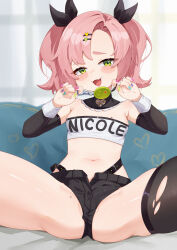  1girl :3 :d absurdres bandeau black_ribbon black_shorts blue_eyes blush character_name clothes_writing commentary_request crime_prevention_buzzer crime_prevention_buzzer_threat detached_sleeves fang green_eyes green_nails hair_ribbon head_tilt highres indoors loli long_sleeves looking_at_viewer mengxin_huazha midriff navel nicole_demara open_mouth partially_visible_vulva pink_hair pink_nails ribbon short_hair short_shorts shorts sitting smile solo spread_legs stomach strapless thighs tube_top twintails zenless_zone_zero 