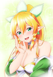  1girl blonde_hair blush braid breasts check_commentary cleavage collarbone commentary_request elf fairy_(sao) green_eyes hair_between_eyes hair_ornament highres ken-ji large_breasts leafa long_hair looking_at_viewer off_shoulder open_mouth pointy_ears ponytail smile solo sword_art_online teeth twin_braids upper_teeth_only whispering  rating:General score:3 user:danbooru