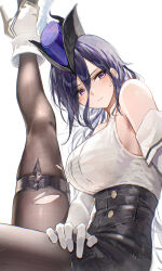  1girl absurdres averting_eyes black_skirt blue_hair breasts clorinde_(genshin_impact) closed_mouth commentary embarrassed fold-over_gloves genshin_impact gloves hat hidulume high-waist_skirt highres large_breasts leg_up long_hair long_hair_between_eyes pantyhose purple_eyes shirt sitting skirt sleeveless sleeveless_shirt solo sweatdrop thigh_strap torn_clothes torn_pantyhose tricorne white_background white_gloves white_shirt 