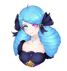 1girl antenna_hair black_bow blue_hair bow breasts ciirilla_(sullendaisy) collarbone drill_hair green_eyes gwen_(league_of_legends) hair_bow hair_ornament highres league_of_legends long_hair looking_at_viewer medium_breasts simple_background smile solo twin_drills twintails white_background x_hair_ornament rating:Sensitive score:5 user:danbooru