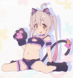  1girl @_@ ahoge animal_ears animated animated_gif bell black_bra black_panties blush bra cat_ears cat_lingerie cat_tail cleavage_cutout clothing_cutout embarrassed female_focus full_body genderswap genderswap_(mtf) lingerie loli looking_at_viewer meme_attire navel onii-chan_wa_oshimai! open_mouth oyama_mahiro panties sitting solo tail underwear wariza  rating:Questionable score:278 user:BadMisterFrosty
