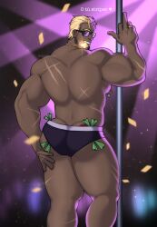  1boy ass bara blonde_hair dancing dark-skinned_male dark_skin facial_hair from_behind glint goatee highres honkai:_star_rail honkai_(series) looking_at_viewer looking_back male_focus mature_male middle_finger money muscular muscular_male pole quuynart scar scar_on_back short_hair solo standing stripper_pole sunglasses thick_arms thick_eyebrows thick_thighs thighs topless_male tucked_money very_dark_skin woolsey_(honkai:_star_rail) 