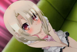  1girl absurdres between_legs blush child couch cowboy_shot fate/kaleid_liner_prisma_illya fate_(series) frilled_skirt frills grey_hair hand_between_legs highres illyasviel_von_einzbern layered_skirt long_hair looking_at_viewer official_art red_eyes scan short_sleeves sitting skirt solo ushijima_nozomi v_arms 