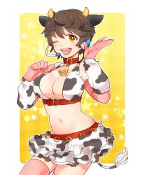  10s 1girl ;d animal_ears animal_print bad_id bad_pixiv_id bell bikini bikini_top_only breasts brown_hair cleavage collar cow_ears cow_horns cow_print cow_tail cowbell elbow_gloves frilled_skirt frills gloves headset horns idolmaster idolmaster_cinderella_girls large_breasts miniskirt neck_bell nemui_8 oikawa_shizuku one_eye_closed open_mouth pink_gloves round_teeth short_hair skirt smile solo star_(symbol) starry_background swimsuit tail teeth thighhighs yellow_eyes zettai_ryouiki 