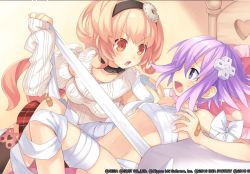  &gt;:o 10s 2girls :o bandages bandaid bandaid_on_knee bandaid_on_leg bow breasts choujigen_game_neptune collar compa d-pad eye_contact face female_focus flat_chest game_cg hair_ornament headband heart heart_print jpeg_artifacts long_hair looking_at_another lying multiple_girls naked_bandage neptune_(neptunia) neptune_(series) official_art on_back on_bed open_mouth orange_eyes orange_hair pillow pink_eyes pink_hair purple_eyes purple_hair short_hair sweater tears thighhighs tsunako v-shaped_eyebrows  rating:Sensitive score:60 user:danbooru