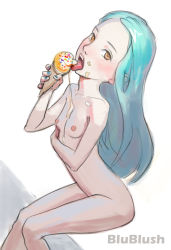  1girl blublush blue_hair blush breasts food highres ice_cream loli long_hair nipples nude small_breasts solo tagme thighs very_long_hair  rating:Explicit score:157 user:fuzo