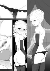  1girl anus ass blush character_request comic dance_in_the_vampire_bund dimples_of_venus elbow_gloves fang flat_chest ghettoyouth gloves greyscale highres loli looking_back monochrome nipples open_mouth panties panty_pull penis pussy solo_focus thighhighs topless underwear urethra 
