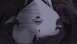  1boy 1girl alcohol androgynous animated animated_gif black_hair brown_hair close-up eyelashes hetero licking long_hair lowres lupin_iii mine_fujiko open_mouth oscar_(lupin) unconscious wavy_hair wine 