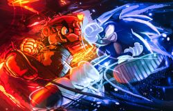 2boys animal_ears battle brown_hair clash crossover expressionless fire gloves hat image_sample looking_at_another mario mario_(series) multiple_boys nintendo overalls resolution_mismatch sega smug sonic_(series) sonic_the_hedgehog source_larger twitter_sample