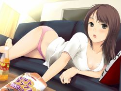 1girl :o bad_id bad_pixiv_id bottle breasts brown_eyes brown_hair chips_(food) cleavage couch downblouse drink food large_breasts long_hair lying mole mole_under_mouth munakata_(hisahige) no_pants on_side original panties pink_panties potato_chips shirt solo t-shirt underwear rating:Sensitive score:82 user:danbooru