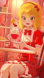  1girl blonde_hair blush bow bowtie bungee_cord bungee_jumping cake character_doll commentary cookie cup dress flower food fruit green_eyes hairband highres holding holding_cup holding_saucer idolmaster idolmaster_cinderella_girls indoors macaron open_mouth red_bow red_bowtie red_dress red_flower red_hairband red_rose rose sakurai_momoka saucer shirubaa short_hair short_sleeves sitting smile solo strawberry  rating:General score:7 user:danbooru