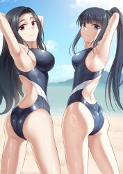  2girls armpits arms_behind_head ass back_cutout beach black_hair blue_eyes blue_sky blunt_bangs breasts closed_mouth clothing_cutout commentary_request commission competition_swimsuit hair_ornament highres ijima_yuu large_breasts long_hair looking_at_viewer mahouka_koukou_no_rettousei medium_breasts multiple_girls ocean one-piece_swimsuit ponytail red_eyes saegusa_mayumi shiba_miyuki sideboob skeb_commission sky smile swimsuit two-tone_swimsuit  rating:Sensitive score:23 user:danbooru