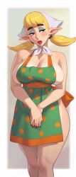  1girl absurdres apron blonde_hair breasts cleavage facing_viewer green_apron highres large_breasts looking_at_viewer looking_to_the_side medium_hair nail_polish naked_apron nintendo peatrice_(zelda) pointy_ears polka_dot polka_dot_apron red_lips red_nails riz simple_background solo the_legend_of_zelda the_legend_of_zelda:_skyward_sword  rating:Sensitive score:135 user:danbooru