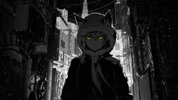  1girl animal_ears arsenixc braid cat_ears city commentary frown greyscale highres hood iichan.ru monochrome night original outdoors russian_commentary snowing solo spot_color szao-tan yellow_eyes 