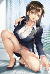 1girl window_blinds blouse bra breasts brown_eyes brown_hair cleavage collarbone commentary_request crotch_seam formal gluteal_fold hair_ornament hairclip head_out_of_frame high_heels highres indoors knee_up large_breasts office_lady original panties pantyhose pantyshot pencil_skirt pumps sage_joh see-through see-through_legwear shirt skirt skirt_suit solo spread_legs squatting suit thighs underwear white_bra white_panties white_shirt rating:Questionable score:105 user:danbooru