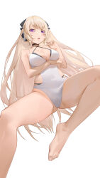  1girl absurdres alternate_costume barefoot blonde_hair breasts cleavage commission earphones feet foot_out_of_frame g3_(girls&#039;_frontline) g3_(mod3)_(girls&#039;_frontline) girls&#039;_frontline highres layered_swimsuit long_hair looking_at_viewer one-piece_swimsuit open_mouth pixiv_commission ren_huozhe simple_background solo swimsuit teeth toes upper_teeth_only white_background white_one-piece_swimsuit 