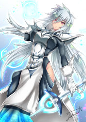  1girl armor blue_eyes breasts closed_mouth dress duel_monster gloves hair_between_eyes hat highres hip_vent impossible_clothes impossible_dress large_breasts long_hair looking_at_viewer no_headwear no_headwear pauldrons red_eyes shoulder_armor silent_magician silver_hair solo staff tabard takecha very_long_hair white_gloves yu-gi-oh! yuu-gi-ou yu-gi-oh!_duel_monsters  rating:Sensitive score:29 user:danbooru
