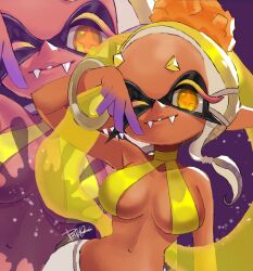  1girl :d asymmetrical_hair bare_shoulders barely_contained blonde_hair blue_tongue breasts colored_eyelashes colored_skin colored_tongue crop_top cross-shaped_pupils cross_top dark-skinned_female dark_skin earrings eel fang fangs food frye_(splatoon) glitter gradient_skin halter halterneck harem_pants highres isamu-ki_(yuuki) jewelry large_breasts long_hair long_pointy_ears medium_breasts midriff multicolored_skin multiple_earrings navel night night_sky nintendo object_on_head one_eye_closed open_mouth pants pointy_ears see-through see-through_scarf shirt short_eyebrows sky sleeveless sleeveless_shirt smile solo splatoon_(series) splatoon_3 symbol-shaped_pupils teeth tempura tentacle_hair tongue tongue_out tooth_earrings two-tone_skin underboob uneven_eyes white_pants wink yellow_eyes 
