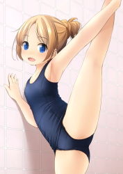  1girl :d arm_up armpits bare_arms bare_legs bare_shoulders blonde_hair blue_eyes blue_one-piece_swimsuit blush breasts collarbone commentary_request feet_out_of_frame hair_bun highres leg_up looking_at_viewer old_school_swimsuit one-piece_swimsuit open_mouth original parted_bangs school_swimsuit shibacha single_hair_bun small_breasts smile solo standing standing_on_one_leg swimsuit tile_wall tiles  rating:Sensitive score:20 user:danbooru