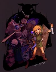  1boy belt black_eyes blonde_hair blue_bubble_(zelda) bomb book boomerang bow_(weapon) brown_belt brown_footwear brown_shirt candle dated explosive expressionless fire full_body ganon gel_(zelda) ghini ghost goriya_(zelda) green_headwear green_tunic grey_background holding holding_candle holding_weapon keese ladder leever like_like link lore lynel male_focus map moblin nintendo outstretched_arm patra_(zelda) pointy_ears polearm pols_voice raft rope_(zelda) shirt signature silhouette snake spear stalfos sword tektite the_legend_of_zelda the_legend_of_zelda_(nes) throwing wallmaster wand weapon weapon_on_back wizzrobe zora 