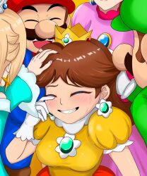 2boys 3girls anniversary blonde_hair blue_dress blue_eyes blush breasts brooch brown_hair crown dress earrings enuzemu_mldre facial_hair flower_earrings friends gloves grin hand_on_own_face happy_birthday hat hat_ head_pat highres jewelry looking_at_another luigi mario mario_(series) multiple_boys multiple_girls mustache nintendo open_mouth overalls pink_dress ponytail princess_daisy princess_peach puffy_short_sleeves puffy_sleeves rosalina short_sleeves smile tears upper_body