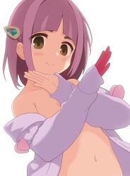  1girl arched_bangs breasts brown_eyes cardigan closed_mouth commentary creatures_(company) curakuru game_freak gloves hair_ornament hairclip highres lacey_(pokemon) long_sleeves looking_at_viewer naked_cardigan navel nintendo nude pokemon pokemon_sv purple_cardigan red_gloves short_hair sidelocks simple_background single_glove small_breasts smile solo split_mouth white_background  rating:Questionable score:6 user:danbooru