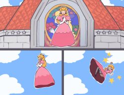  1girl 2024 ass blonde_hair brooch castle closed_eyes cloud cloudy_sky comic commentary crown day dress earrings elbow_gloves english_commentary female_focus floating full_body gameplay_mechanics gloves hands_on_own_chest high_heels invisible_wall jewelry juliet_sleeves long_hair long_sleeves mario_(series) meme multiple_views nintendo pain parody parted_lips pink_dress plow_(witch_parfait) princess princess_peach puffy_sleeves red_footwear sky solo stained_glass star_(symbol) super_mario_64 thighhighs upskirt white_gloves white_thighhighs 