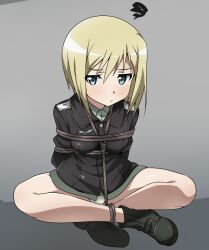  1girl bdsm blonde_hair blush bondage bound breasts closed_mouth erica_hartmann gn_002 grey_background looking_at_viewer military_uniform panties restrained shibari short_hair simple_background small_breasts solo strike_witches tied_up_(nonsexual) underwear uniform white_panties world_witches_series 
