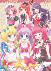  6+girls :d ^_^ ageha_mia ahoge ayase_naru bad_id bad_pixiv_id black_gloves blonde_hair blue_eyes blunt_bangs bow brown_eyes closed_eyes commentary_request cone_hair_bun detached_collar double_bun dress finger_to_cheek fingerless_gloves gloves green_eyes hair_bow hair_bun hand_on_own_chest hand_up harune_aira hat heart hojo_sophy idol_clothes in-franchise_crossover kurono_yuzuko long_hair looking_at_viewer manaka_laala minami_mirei mini_hat mini_top_hat multicolored_clothes multicolored_dress multiple_girls open_mouth pink_bow pink_hair pointing pointing_at_viewer pretty_rhythm pretty_rhythm_aurora_dream pretty_rhythm_dear_my_future pretty_rhythm_rainbow_live pretty_series pripara purple_eyes purple_hair red_eyes red_hair short_hair side_ponytail smile standing top_hat treble_clef twintails very_long_hair 