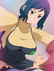 10s 1boy 1girl age_difference apron blue_hair blunt_bangs blush breasts censored clothed_sex cowgirl_position girl_on_top gradient_background green_eyes gundam gundam_build_fighters hetero highres iori_rinko large_breasts legs long_hair looking_down lying mature_female mosaic_censoring no_panties penis ponytail pubic_hair sazaki_susumu sex shota simple_background sitting sitting_on_person smile straddling sweater swept_bangs thighs turtleneck turtleneck_sweater vaginal yellow_sweater rating:Explicit score:28 user:Ynyswydryn