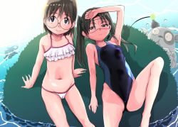  2girls amasawa_yuuko arm_up armpits bikini brown_eyes brown_hair cameltoe casual_one-piece_swimsuit dennou_coil dog fish frilled_bikini frills frown goggles grass hand_on_own_forehead knee_up long_hair looking_at_viewer lying multiple_girls navel okonogi_yuuko on_back one-piece_swimsuit sasaki_bullet short_hair sitting smile swimsuit twintails water 