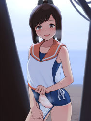 1girl breath brown_eyes brown_hair contrapposto cowboy_shot cum cum_in_clothes cum_in_panties cum_on_clothes hair_ornament hairclip highres i-401_(kancolle) kantai_collection looking_at_viewer one-piece_tan orange_sailor_collar panties ponytail pussy pussy_peek sailor_collar school_swimsuit school_swimsuit_flap shirt short_hair short_ponytail side-tie_shirt sleeveless sleeveless_shirt solo swimsuit swimsuit_under_clothes tagme tan tanline tussy underwear rating:Explicit score:359 user:danbooru