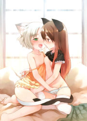  2girls after_kiss animal_ears bad_id bad_pixiv_id barefoot blush breast_press breasts cat_ears cat_tail child_on_child couple fingering flat_chest gradient_hair green_eyes intertwined_tails kiss kito_(sorahate) loli multicolored_hair multiple_girls mutual_fingering mutual_masturbation nipples no_panties original panties pussy_juice saliva saliva_trail silver_hair small_breasts striped_clothes striped_panties tail tail_wrap tears thighhighs tongue torogao underwear yuri  rating:Explicit score:333 user:danbooru