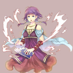  1girl arm_warmers bare_shoulders book breasts capelet cowboy_shot dress fire fire_emblem fire_emblem:_the_sacred_stones kariu looking_at_viewer lute_(fire_emblem) magic nintendo open_mouth purple_background purple_eyes purple_hair short_hair simple_background small_breasts solo twintails 
