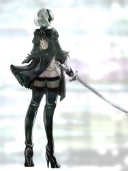  1girl ass black_dress black_thighhighs blindfold boots dress female_focus full_body gloves gradient_background hiderunrun high_heel_boots high_heels highres juliet_sleeves long_sleeves mole mole_under_mouth nier_(series) nier:automata puffy_sleeves short_hair silver_hair skindentation solo square_enix standing sword thigh_boots thighhighs weapon 2b_(nier:automata)  rating:Sensitive score:8 user:NieR2B