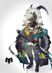 1boy animal animal_ears animal_on_shoulder artist_name belt belt_buckle black_belt black_collar black_footwear black_horns black_jacket black_sleeves blue_eyes buckle character_request check_character check_copyright collar colored_tongue commentary_request copyright_request dark-skinned_male dark_skin demon_horns ferret final_fantasy final_fantasy_xiv floppy_ears flower_knot full_body grey_pantyhose hair_ornament hair_over_one_eye hairclip high_collar horns jacket layered_sleeves long_sleeves male_focus mono_(monoia14) open_mouth pantyhose purple_tongue shirt shoes short_hair shorts simple_background sleeves_past_fingers sleeves_past_wrists solo thigh_belt thigh_strap very_dark_skin warrior_of_light_(ff14) water white_background white_hair white_shirt white_shorts yellow_jacket zipper zipper_pull_tab 