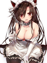 1girl alternate_costume animal_ears bare_shoulders black_pantyhose blush breasts brooch brown_hair chain chain_leash cleavage collar detached_collar efe elbow_gloves enmaided gloves imaizumi_kagerou jewelry large_breasts leash long_hair looking_at_viewer maid maid_headdress pantyhose red_eyes revision saliva simple_background sitting solo tears touhou very_long_hair viewer_holding_leash wariza white_background white_gloves wolf_ears rating:Sensitive score:31 user:danbooru