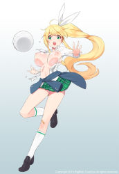  1girl ball bandaid bandaid_on_knee bandaid_on_leg blonde_hair bouncing_breasts breasts clothes_around_waist dress_shirt full_body green_eyes hair_ribbon kneehighs large_breasts lia_(soccer_spirits) loafers long_hair miniskirt navel nipples open_mouth panties plaid plaid_skirt ponytail ribbon school_uniform shirt shoes skirt soccer_ball soccer_spirits socks solo ssberit third-party_edit torn_clothes underwear watermark  rating:Explicit score:18 user:reddaimyo