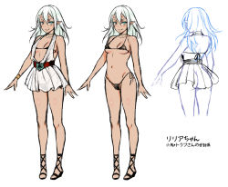 1girl arms_at_sides bikini black_bikini breasts character_name character_sheet concept_art dark_skin demon_girl dress fang fang_out horns multiple_views oni oni_horns pointy_ears see-through see-through_dress simple_background sketch small_breasts swimsuit usagi_nagomu white_background rating:Questionable score:47 user:cheezeit
