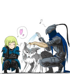  1boy 1girl 8page armor artorias_the_abysswalker bad_id bad_pixiv_id bathing blonde_hair braid cape closed_eyes dark_souls_(series) dark_souls_i foam from_software full_armor gauntlets great_grey_wolf_sif heart helm helmet highres knight lord&#039;s_blade_ciaran mixed-sex_bathing musical_note shared_bathing shower_head single_braid smile spoken_heart squatting torn_cape torn_clothes water wolf  rating:Sensitive score:48 user:danbooru
