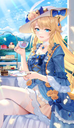  1girl absurdres alternate_costume blonde_hair blue_bow blue_dress blue_eyes blue_gemstone bow bshi_edayo cake choker cloud cloudy_sky crossed_legs cup dress dress_bow drill_hair falling_petals flower flower_dress food gem genshin_impact hat highres holding holding_cup holding_plate jewelry long_hair looking_at_viewer navia_(genshin_impact) open_mouth outdoors petals plate sidelocks sitting sky smile solo tea tea_party teacup thighhighs twin_drills very_long_hair white_choker white_hat white_thighhighs yellow_flower  rating:General score:12 user:danbooru