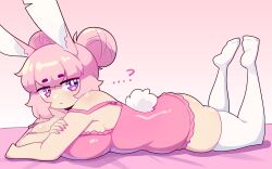 ...? 1girl animal_ears bed_sheet breasts closed_mouth daigada double_bun expressionless feet_up frilled_shirt frills hair_between_eyes hair_bun hand_on_own_arm highres jitome large_breasts looking_to_the_side lying ninnin_(daigada) on_bed original pink_background pink_hair pink_nails pink_shirt purple_eyes rabbit_ears rabbit_girl rabbit_tail shirt short_tail sidelocks solo strap_slip tail thighhighs thighs white_thighhighs 