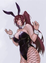 1girl absurdres akira_(yuibnm71) alternate_costume alternate_hairstyle animal_ears bare_arms bare_shoulders black_leotard bow bowtie breasts brown_hair closed_mouth detached_collar fake_animal_ears fate/grand_order fate_(series) fishnet_pantyhose fishnets hair_between_eyes hair_intakes half-closed_eyes hands_up high_ponytail highres large_breasts leotard lips long_hair looking_at_viewer neck pantyhose playboy_bunny purple_bow purple_bowtie rabbit_ears rabbit_tail red_eyes scathach_(fate) simple_background smile solo standing strapless strapless_leotard thick_thighs thighs very_long_hair wrist_cuffs
