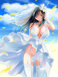 1990s_(style) 1girl black_hair blue_eyes blue_hair breasts choker cleavage clothes_lift cloud cowboy_shot day dress dress_lift final_fantasy final_fantasy_vii garter_belt garter_straps grin highres large_breasts looking_at_viewer matching_hair/eyes md5_mismatch no_panties retro_artstyle shiny_skin sky smile solo switch01 thighhighs tifa_lockhart veil wedding_dress white_thighhighs wind wind_lift  rating:Sensitive score:86 user:danbooru
